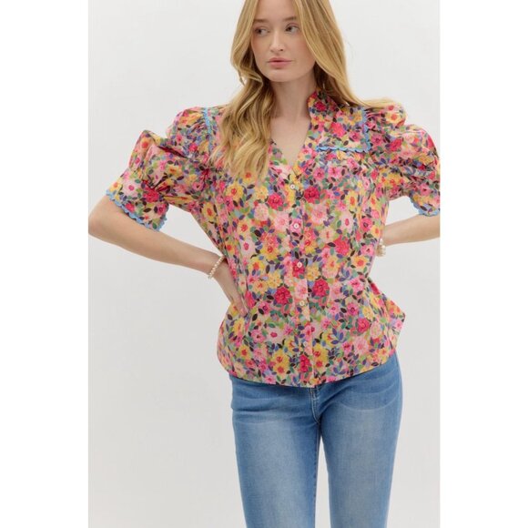 NWT Entro Pink Floral Puff Sleeve Button Front Top Scallop Trim Cotton Size S - Picture 1 of 7